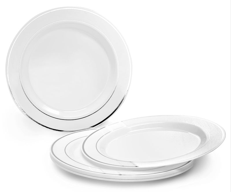OCCASIONS FINEST PLASTIC TABLEWARE OCCASIONS 50 Plates Pack (25 Guests)-Heavyweight Wedding Party Disposable Plastic Plate Set -25 x 10.5'' Dinner + 25 x 7.5'' Salad/Dessert plates (White & Silver Rim) - Image 2